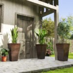 Set of 3 Tall Planters, 28" Outdoor Planter w/ Drainage Holes, Faux Wood Plastic Flower Pots, Brown - Image 2