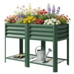 Raised Garden Bed Galvanized Steel, Elevated Planter Box with Storage Shelf, Bed Liner, 31.5" High, Green