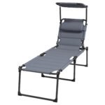 Outdoor Lounge Chair, 4 Position Adjustable Backrest, Folding, Cushioned w/ Sun Shade Roof & Pillow, Gray
