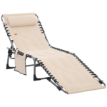 Padded Folding Chaise Lounge Chair, Outdoor 6-Level Reclining Camping Tanning Chair with Headrest for Beach, Yard, Patio, Pool, Beige
