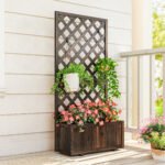 Wooden Raised Garden Bed Planting Planter Box with Trellis and Drain Holes for Climbing Vine Plants, Brown - Image 8