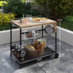 Outdoor Bar Cart Patio Serving Cart with Wine Holders Natural - Image 3