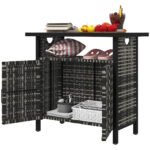 Outdoor Pool Towel Storage Cabinet Organizer, Outdoor Bar Table with Shelf and Cabinet, Pool Towel Holder Pool Valet with Weather-Resistant PE Rattan and Steel Frame, Mixed-Gray