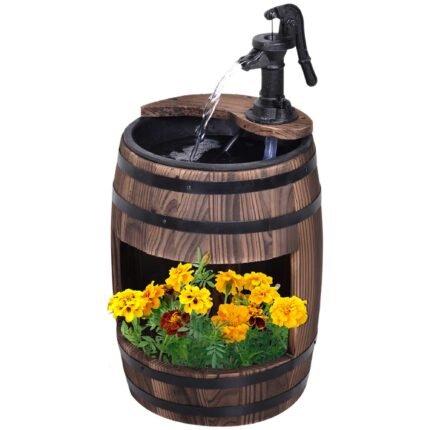 23" H Outdoor Water Fountain Wood and Plastic Rustic Apple Barrel Pump Garden