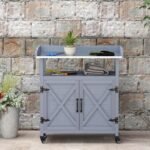 Outdoor Wooden Potting Bench with Storage Cabinet, Aluminum Tabletop, Rubber Wheels for Backyard, Patio, Balcony, Gray - Image 7