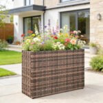 Tall Rectangular Planter with Removable Liner, Holes, PE Wicker Large Planter Box for Indoor Outdoor Plants, Brown - Image 2