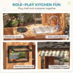 Wooden Kids Playhouse with Play Kitchen, Picnic Bench, Serving Station, Windows and Door for Backyard, Ages 3–8, Brown - Image 4