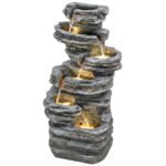 40" Tall Outdoor Waterfall Fountain with LED Lights, 6-Tier Cascading Waterfall Feature, Resin Garden Fountain, Gray
