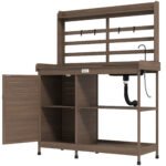 Wooden Potting Bench with Storage, Sink, Water Tap for Backyard, Patio, Balcony, Dark Brown