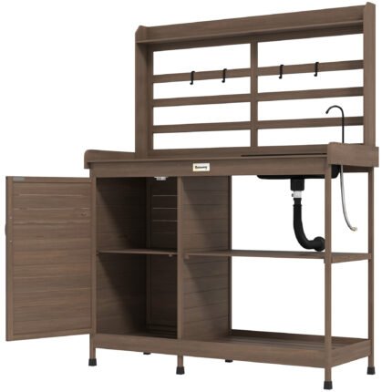Wooden Potting Bench with Storage, 44" x 18" x 58", Sink, Water Tap, Dark Brown