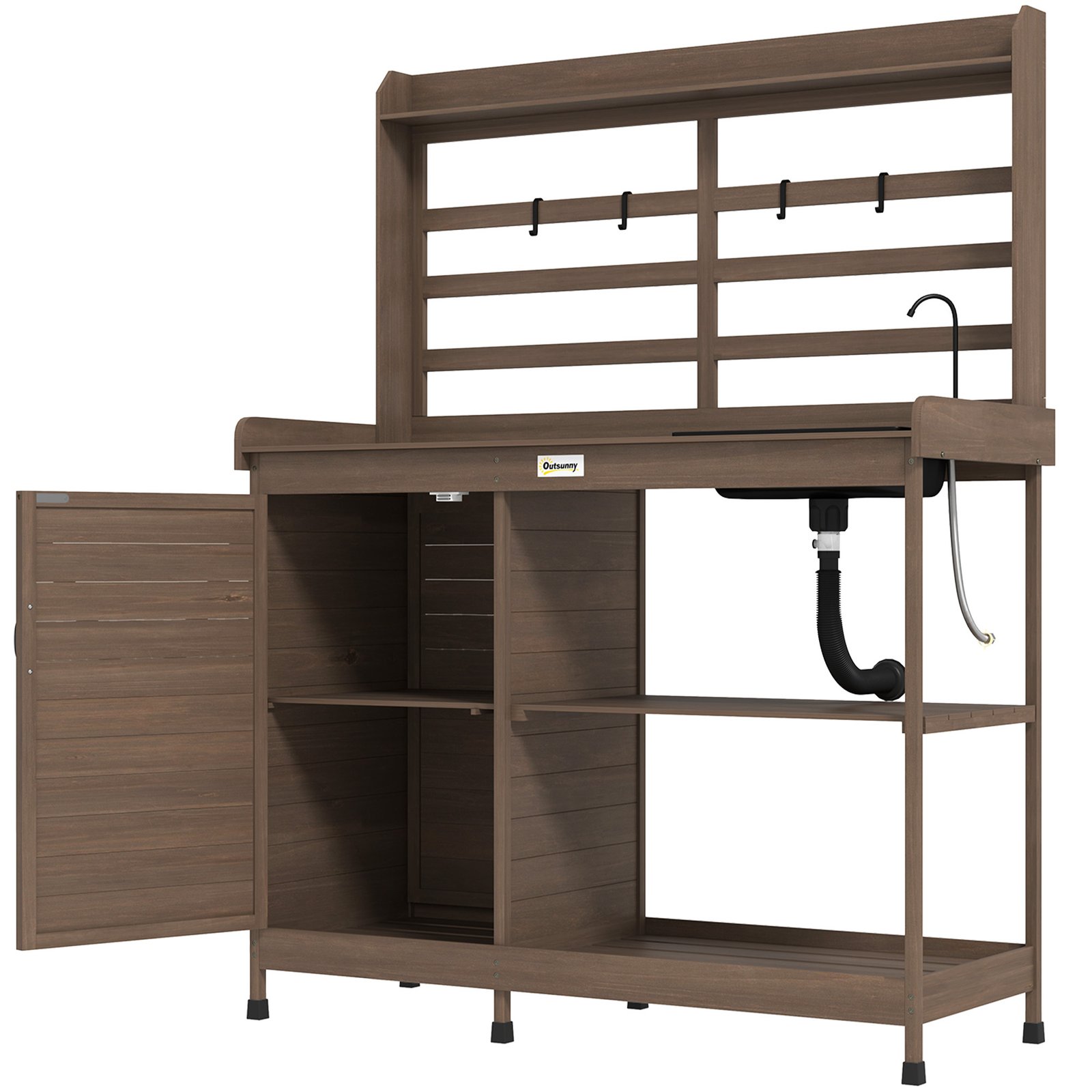 Xf82681948b625cc4.jpg Wooden Potting Bench with Storage, Sink, Water Tap for Backyard, Patio, Balcony, Dark Brown - Image 1