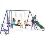 Metal Swing Set for Kids, 5 in 1 Outdoor Playset with Heavy Duty A-Frame Stand, 29.5" Saucer Swing, Slide, Teeter-Totter, Glider, for Backyard, Blue