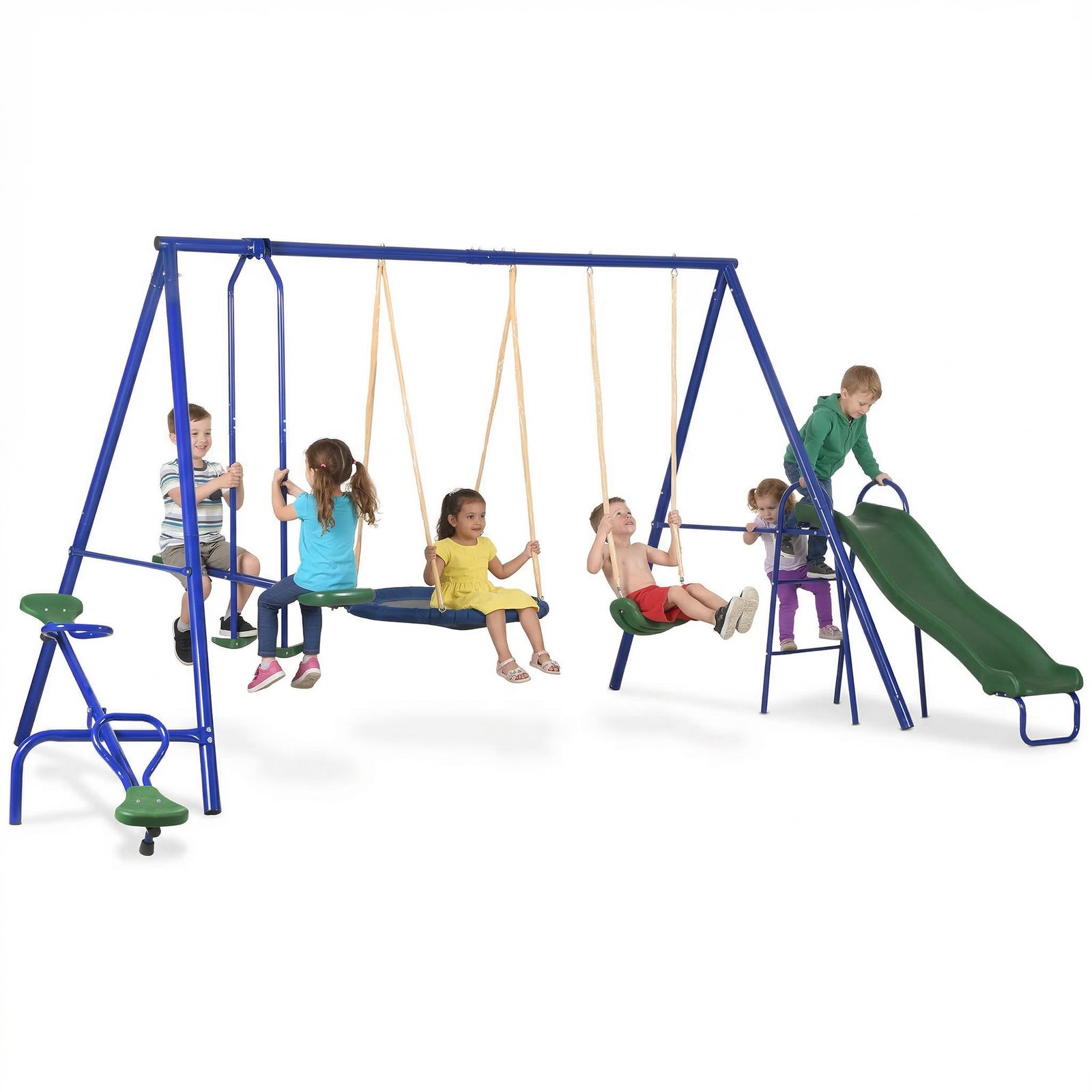 Xnd43419d4ce87e43.jpg Metal Swing Set for Kids, 5 in 1 Outdoor Playset with Heavy Duty A-Frame Stand, 29.5" Saucer Swing, Slide, Teeter-Totter, Glider, for Backyard, Blue - Image 1