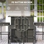 5 Piece Rattan Wicker Bar Set, High Top Outdoor Table and Chairs, Bar Height Patio Set, 2 Shelves & 4 Bar Stools, Gray - Image 5
