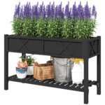 Raised Garden Bed, 47 x 22 x 31.5 in. Elevated Wood Planter Box with Storage Shelf, Drainage Holes, and Liner, Black