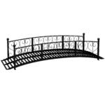 7' Metal Arch Garden Bridge Arc Footbridge with Side Railings Decorative Scrollwork, Black