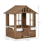 Kids Wooden Playhouse, Outdoor Garden Games Cottage with Flowers Pot Holder, Working Door, Windows, Brown - Image 3