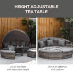 4 Piece Round Rattan Daybed, Convertible Patio Furniture Set, Adjustable Sun Canopy, Sectional Outdoor Sofa, 2 Chairs, Extending Tea Table Ottoman Chair, 3 Pillows, Gray - Image 6