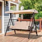 3-Seat Patio Swing Chair, Outdoor Porch Swing Glider with Adjustable Canopy, Removable Cushion, Pillows and Side Trays, for Garden, Poolside, Backyard, Beige - Image 2