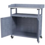 Outdoor Wooden Potting Bench with Storage Cabinet, Aluminum Tabletop, Rubber Wheels for Backyard, Patio, Balcony, Gray