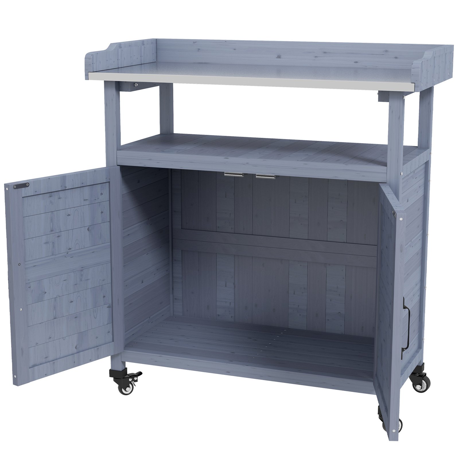 YGXbcf18cb0a7b82c.jpg Outdoor Wooden Potting Bench with Storage Cabinet, Aluminum Tabletop, Rubber Wheels for Backyard, Patio, Balcony, Gray - Image 1