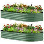 7' x 3' x 1' Raised Garden Bed Set, 2PCS Raised Beds for Gardening with Metal Plant Stakes, Green