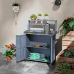 Outdoor Wooden Potting Bench with Storage Cabinet, Shelves, Galvanized Plated Tabletop for Backyard, Balcony, Gray - Image 7
