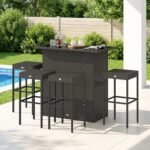 5 Piece Rattan Wicker Bar Set, High Top Outdoor Table and Chairs, Bar Height Patio Set, 2 Shelves & 4 Bar Stools, Brown - Image 8