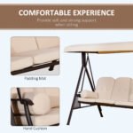 3-Seat Patio Swing Chair, Outdoor Porch Swing Glider with Adjustable Canopy, Removable Cushion, Pillows and Side Trays, for Garden, Poolside, Backyard, Beige - Image 6