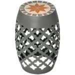 Decorative Outdoor Stool, 12" Round Patio Side Table, Mosaic Accent Plant Stand for Garden, Balcony, Gray