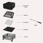 34" Outdoor Fire Pit Square Steel Wood Burning Firepit Bowl with Spark Screen, Waterproof Cover, Log Grate, Poker for Backyard, Camping, BBQ, Bonfire - Image 8
