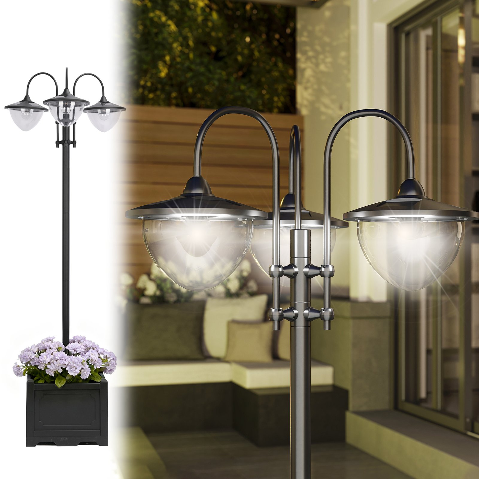 YbZa2419da0790acc.jpg 74.5" 3-head Solar Lamp Post Light with Planter, Solar Pole Lights Outdoor Waterproof LED Lighting for Backyard Pathway Patio Lawn Driveway Decor, Black - Image 1