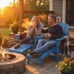 Folding Adirondack Chair Set of 2, HDPE Fire Pit Chair with Retractable Ottoman and Cup Holder, Blue - Image 2