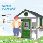 Wooden Playhouse for Kids Outdoor with Doors, Windows, Planter Pots and Boxes for Toddlers 3-8 Years, White - Image 4