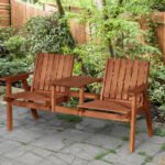 Patio Bench, Garden Bench with Middle Table and Umbrella Hole, Wooden Outdoor Bench for Patio, Porch, Poolside, Balcony, Orange - Image 2