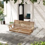 3-Seater Swing Bench, Wooden Porch Swing with Cupholders, Hanging Chains for Patio Garden, Nature Wood - Image 3