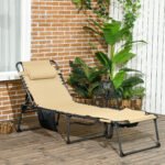 Folding Chaise Tanning Lounge Chair w/ 5-level Reclining Back, Reading Hole, Side Pocket, Headrest, Beige - Image 2