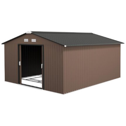 Metal Large Shed with Double Locking Doors Sloped Roof for Garden Tool with Double Lockable Doors, Brown