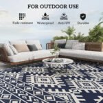 Reversible Outdoor Rug, Waterproof Plastic Straw with Carry Bag, 9' x 12', Blue & White Rhombus Border - Image 6