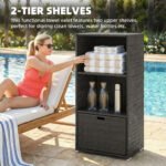Valet Pool Towel Rack, Water-Resistant PE Plastic Rattan Wicker Storage Organizer, 2 Shelves, 1 Basket Drawer - Image 4