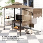 8' x 5' Outdoor Grill Gazebo, Barbecue Gazebo Shelter with Side Awning, 2 Side Shelves and 6 Hooks, Brown - Image 4