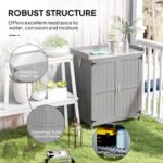 Outdoor Storage Cabinet, Garden Tool Shed with Metal Tabletop and Shelf, Wooden Potting Bench with 2 Doors, Gray - Image 7