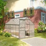 12' x 6' x 6.5' Polycarbonate Greenhouse with Aluminum Frame, Walk-in Heavy Duty Green House with Adjustable Roof Vent, Rain Gutter and Sliding Door for Winter, Silver - Image 8