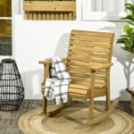 Wooden Outdoor Rocking Chair, Traditional Slatted Wood Rocker Chair with Armrests and High Backrest for Indoor & Outdoor, Light Brown - Image 2