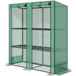 Lean-to Greenhouse with 3 Tier Shelves, Portable Greenhouse with PE Cover, 2 Roll-Up Doors, 56.7" x 18.9" x 59.8", Green