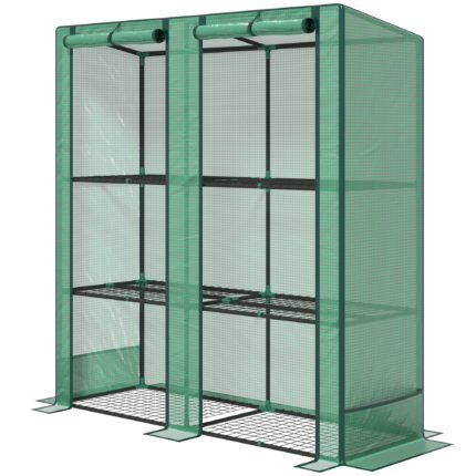Lean-To Walk-In Greenhouse with Roll-Up Door, 3-Tier Shelves & Shelves