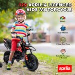 12V Aprilia Licenced Kids Motorcycle with Training Wheels, Spring Suspension, LED Light, USB, Music - Image 4