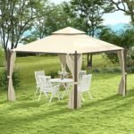 10' x 12' Outdoor Patio Gazebo with Curtains, Two-Tier Roof, Beige - Image 2