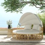 Patio Furniture Set, Round Outdoor Daybed with Retractable Canopy, Hollow Wicker PE Rattan Sectional Sofa with Washable Couch Cushions for Pool, Lawn, Cream White, 70" x 33.5" x 26.25" - Image 2