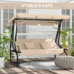 Free Standing Swing Bench, Porch Swing with Stand, Adjustable Canopy, Cushion and Pillows, Ecru - Image 6